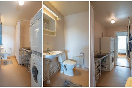 Badrum utrustat med wc/badkar och tvättmaskin/torktumlare