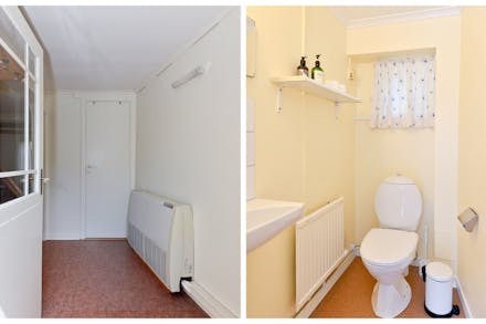 Hall/entré samt separat toalett med wc och tvättställ samt fönster