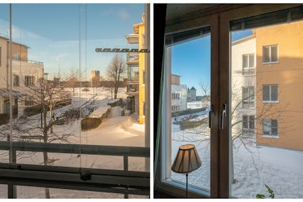 Utsikt vintertid från inglasad balkong och lägenhet