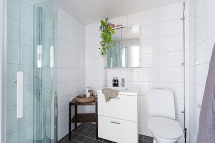 Stambytt badrum och rymlig dusch med vikväggar