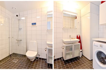 Välutrustat badrum med tvättmöjligheter