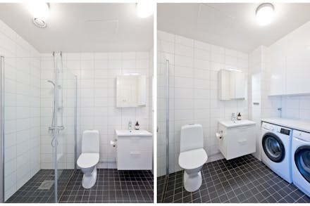 Välutrustat badrum med wc/dusch och tvättmöjligheter
