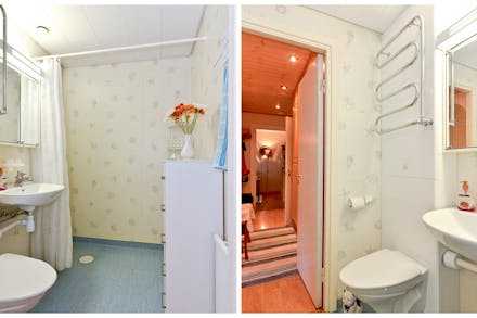 Badrummet nås från hall/entré och har både vägghängd wc och handdukstork