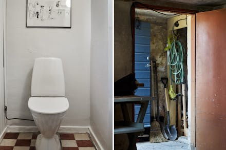 Separat toalett med originalklinkergolv och anslutande källaringång utvändigt ifrån